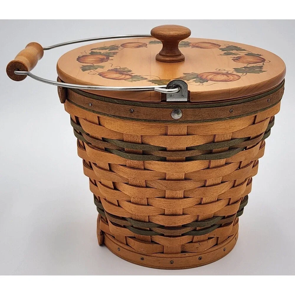 *SIGNED* '02 Longaberger Sage Autumn Round Pail Basket w/Handle, Protector & Lid